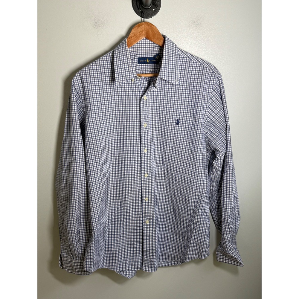 Ralph Lauren Mens Blue White Check Button Down Shirt Long Sleeve Size 16